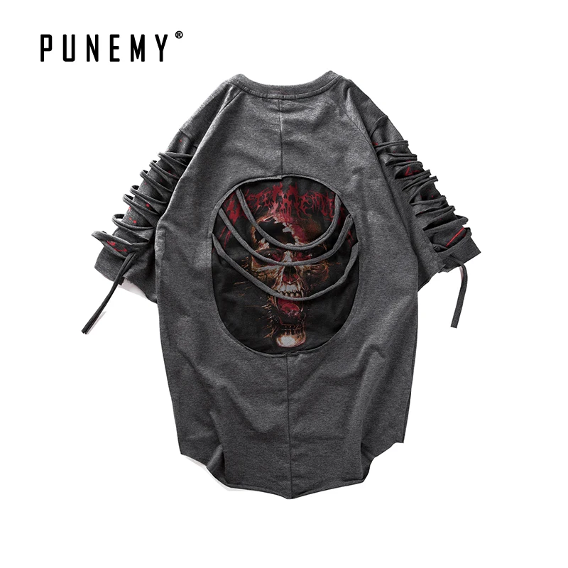 Хип хоп рваные мужские футболки Лоскутная лента изогнутый подол винтажный рок