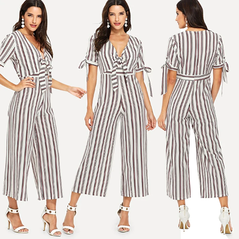 

Slim High Waist Long Jumpsuit Ladies Deep V Striped Multi-Colored Office Wear Jumpsuit 2019 New Unique Drawstring Woman Jumpsuit