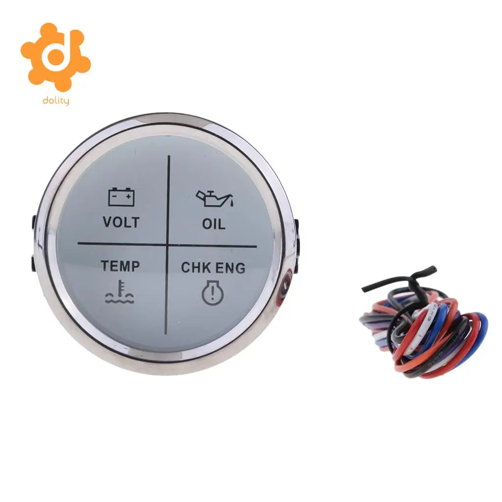 2&quot 52mm 4 LED Alarm Gauge VOLT OIL TEMP CHK ENG Indicator White Chrome | Автомобили и мотоциклы