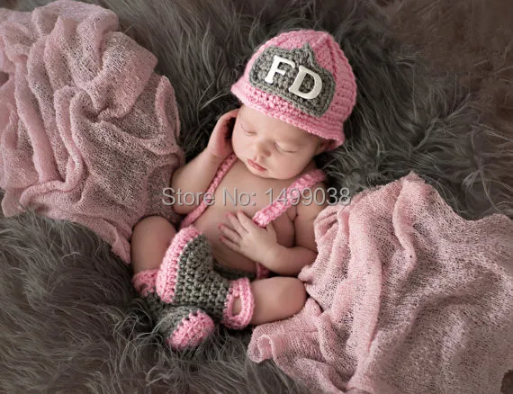 Baby Firefighter Fireman Hat Outfit 4pc Crochet Diaper Cover Set w/Suspenders &amp Boots Newborn 0-3 3-6 Photography Prop | Детская