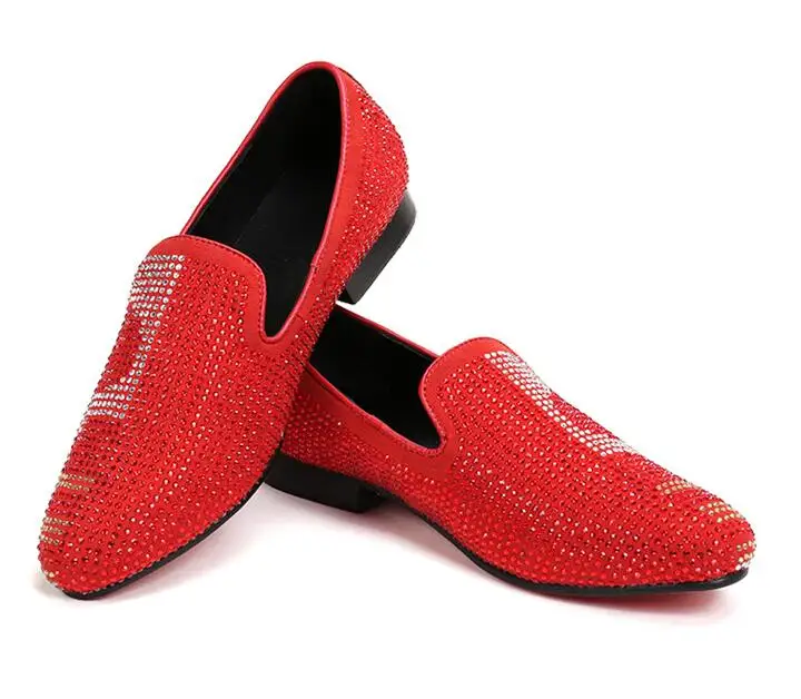 

Genuine Leather Casual Men Shoes Red Suede Loafers Crystal Slipper Dress Shoes Men Rhinestone Pointed Toe Party Flats Sapatos