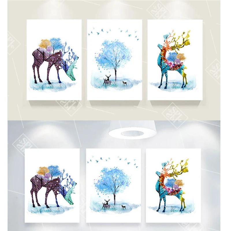 Nordic Minimalist Home Decoration Posters Watercolor Elk Deer Animals Canvas Painting Hd Printed Wall Art Pictures for Kids Room | Дом и сад