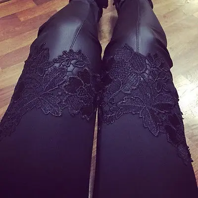 

Lace Leggings Skinny Stretch Pants Triangular Lace PU Leather Pants Capris