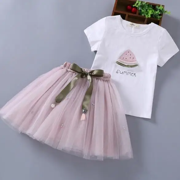 tee pink skirts От 2 до 13 лет комплект одежды из 2 предметов, Детская летняя одежда для девочек с рисунком арбуза, футболка с цветочным рисунком+ сетчатая юбка с бантом - Цвет: tee pink skirts