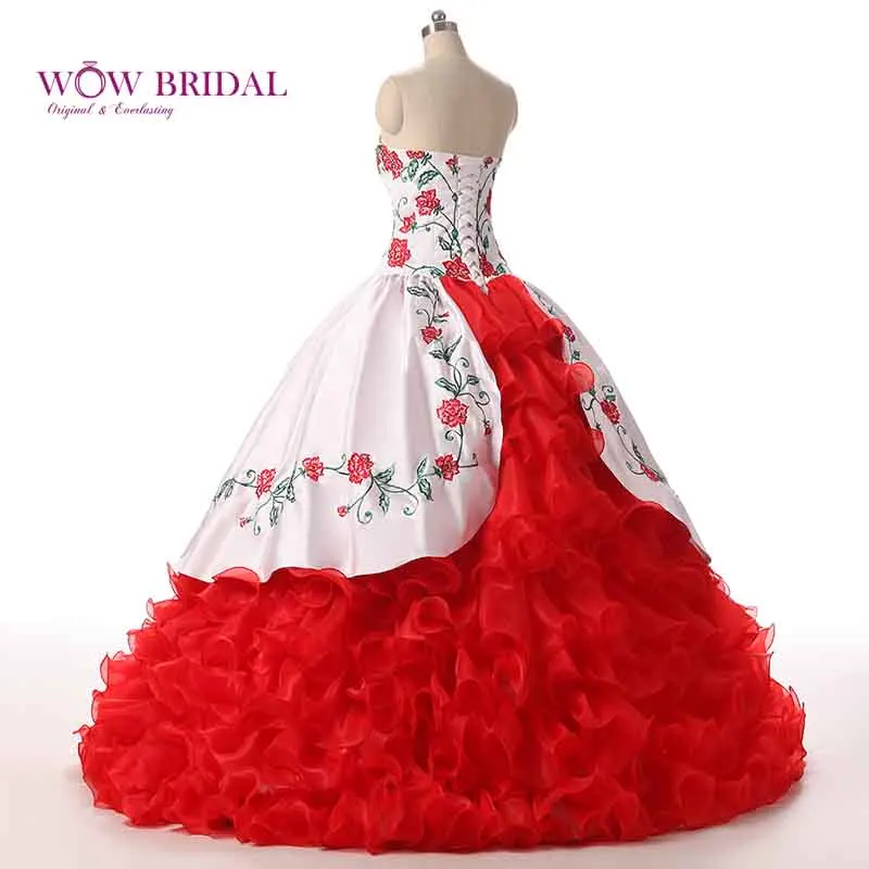 Wowbridal роскошное 2021 белое красное платье с вышивкой Quinceanera бальное оборками из
