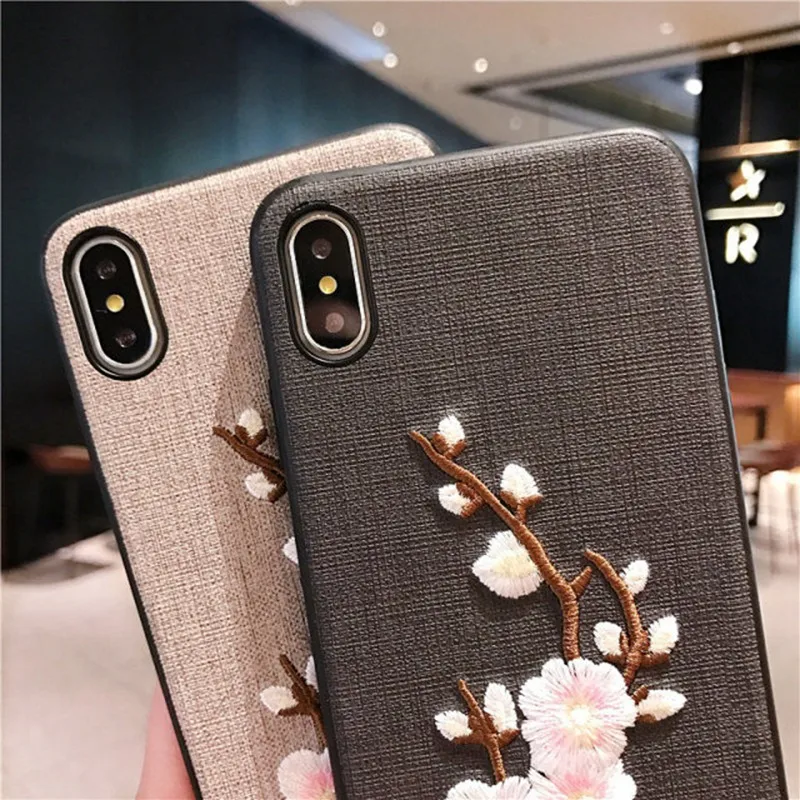 Вышитый Чехол для iPhone X XR XS Max тканевый ПУ + Мягкий ТПУ силиконовый чехол с цветком