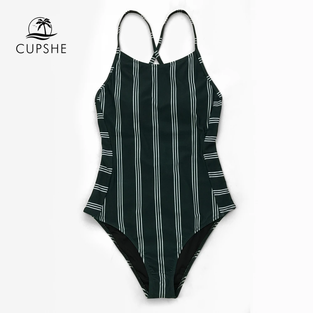 CUPSHE темно зеленый и белый полосатый Цельный купальник на шнуровке женский Бохо