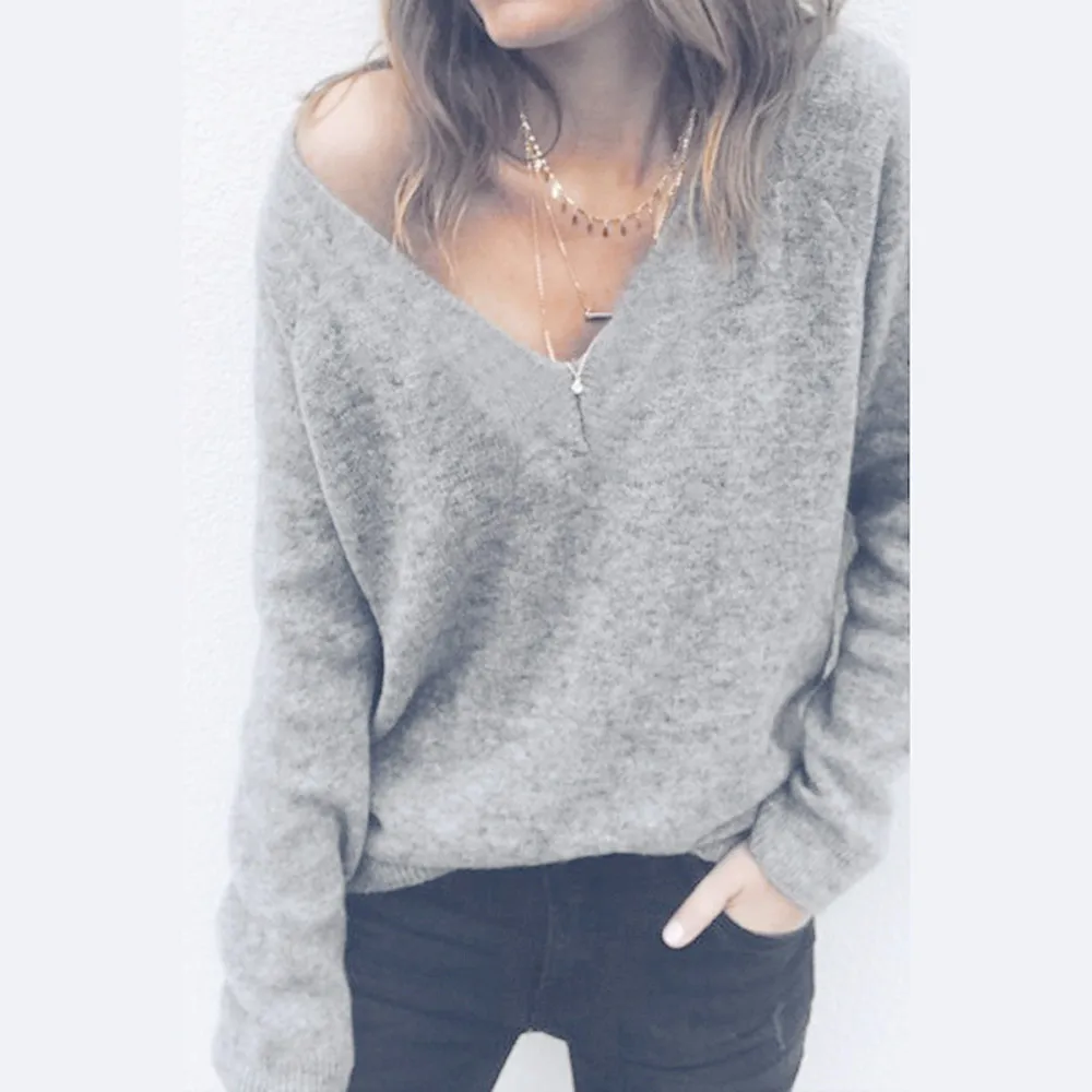 Autumn Winter Knitted Sweaters Women 2018 Loose Sweater Pullovers Jumper deep V-neck sexy Female Femme Tops | Женская одежда