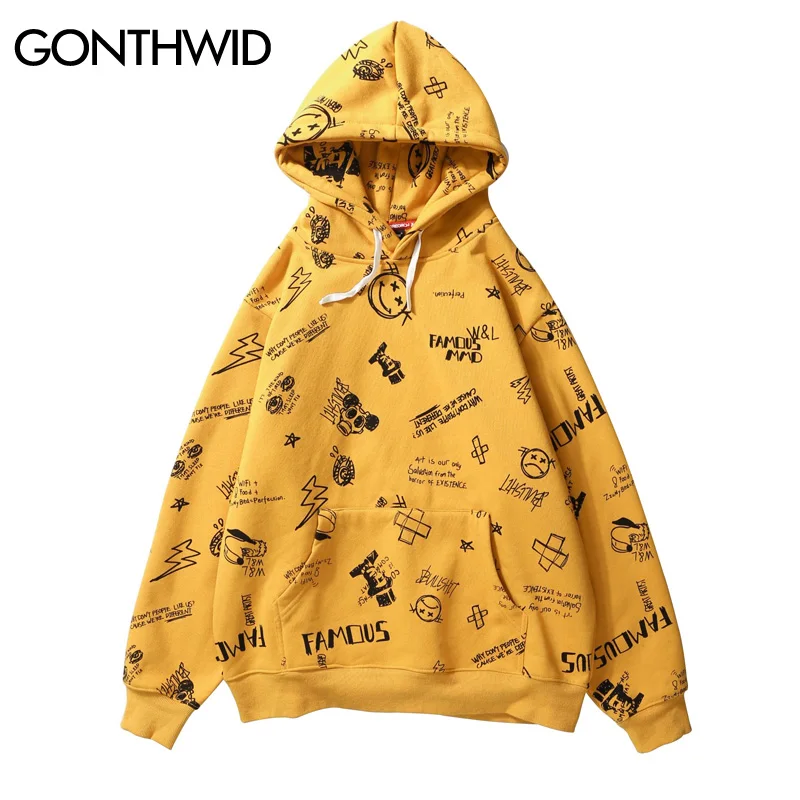 GONTHWID Harajuku Graffiti 2018 Autumn Winter Fleece Hoodies Mens Casual Hooded Sweatshirts Streetwear Male Hip Hop Hoodie Tops | Мужская