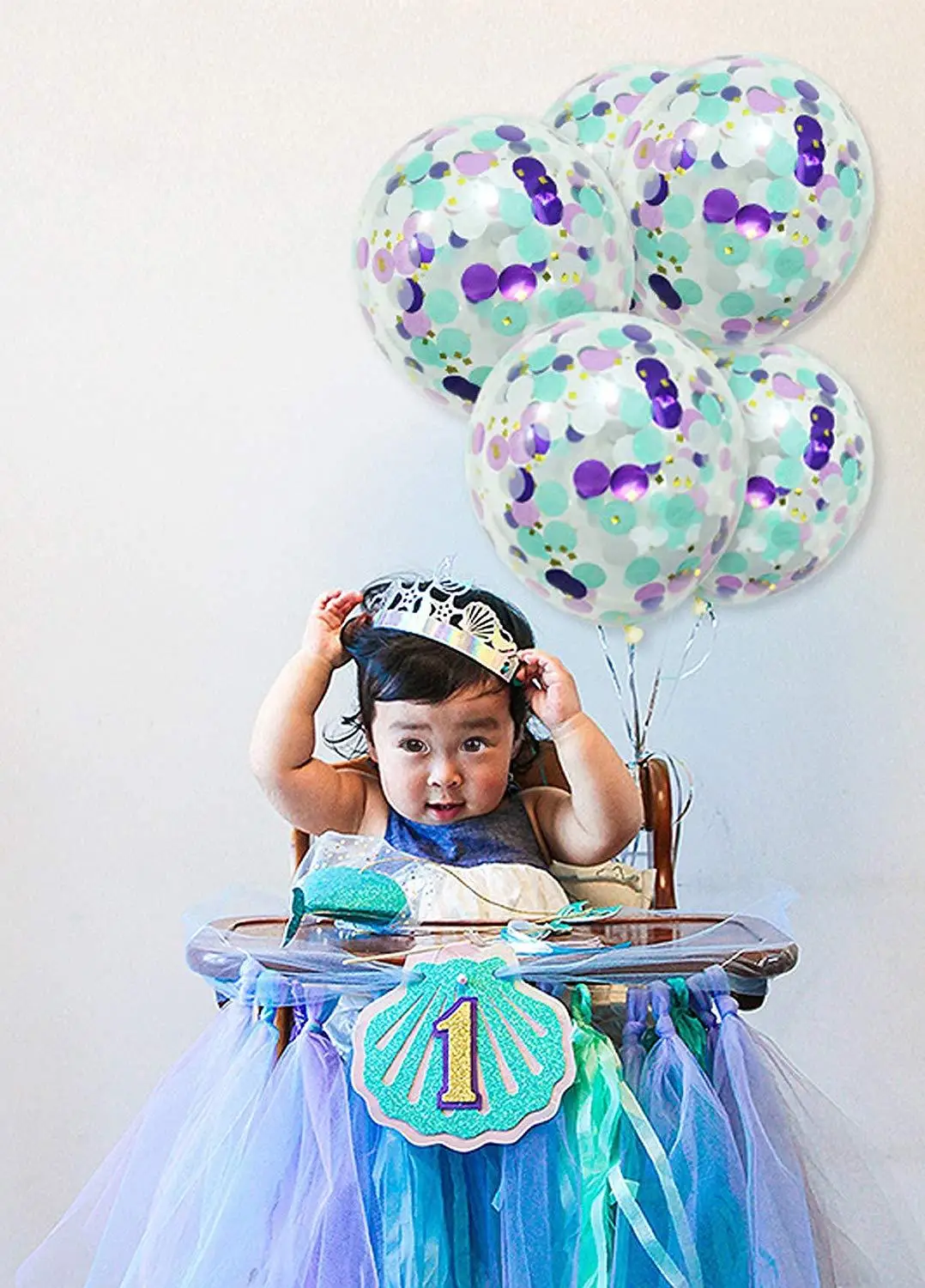 

50pcs Mermaid Confetti Balloons for Baby Shower Under the Sea Mermaid Birthday Party Decorations with Ribbon.