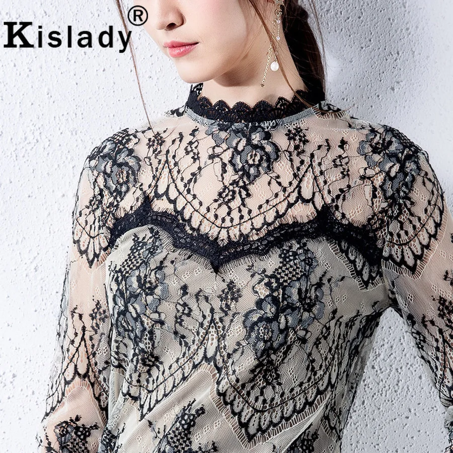Кружевная блузка kisady кружевная с длинным рукавом в стиле пэтчворк прозрачный топ