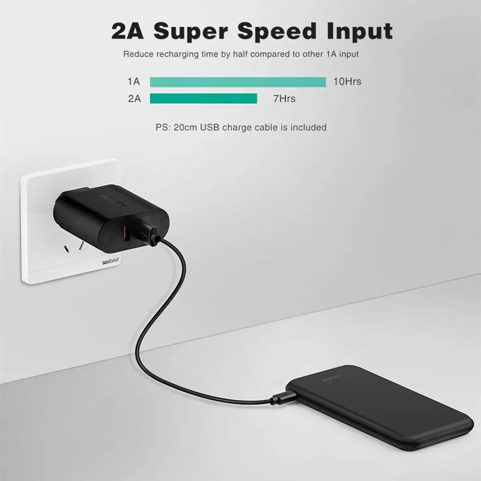 AUKEY Мощность Bank 10000 мАч Портативный Зарядное устройство Тонкий 2.4A внешний Батарея