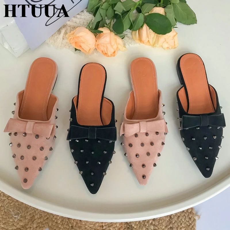 HTUUA/осенние модные женские шлепанцы из флока с заклепками и бантиком-бабочкой