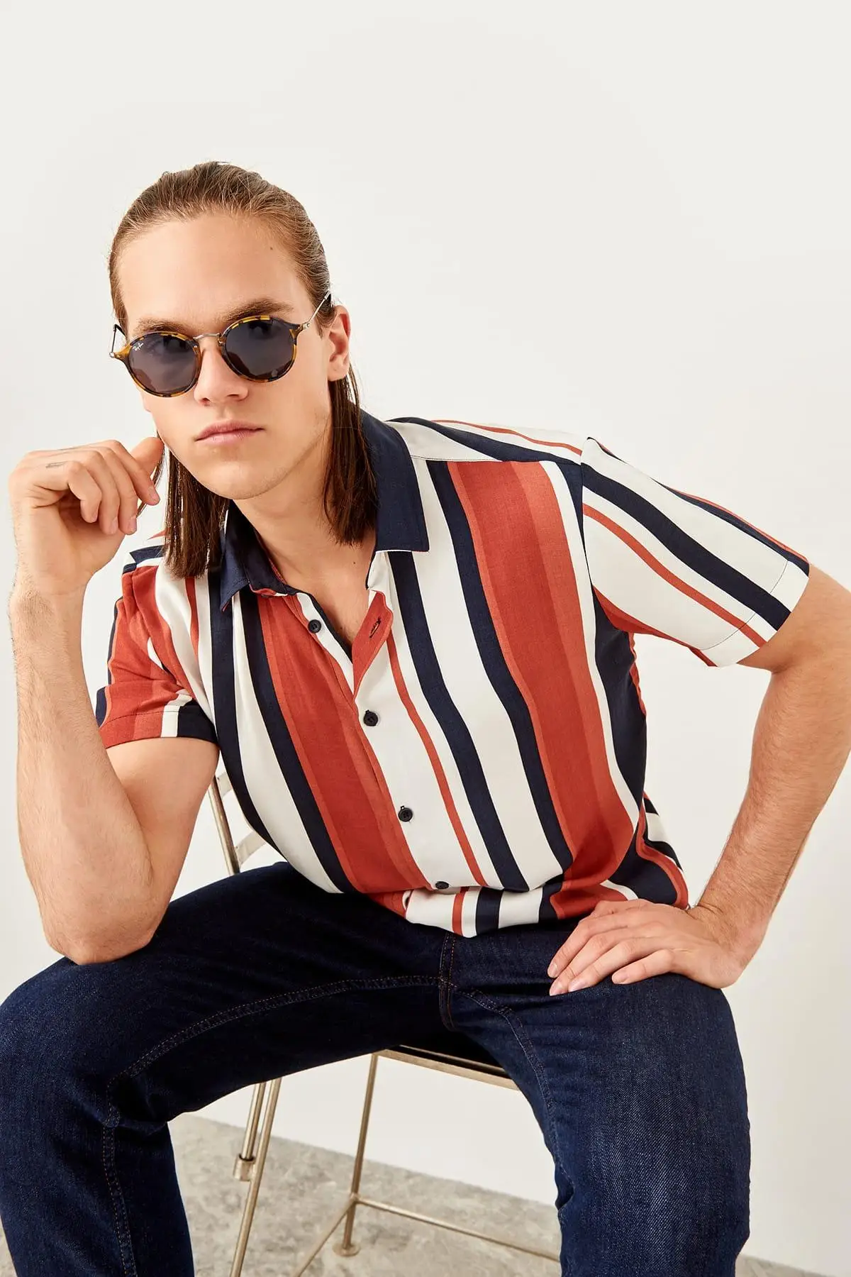 Trendyol белая мужская полосатая рубашка с коротким рукавом TMNSS19RM0053 |