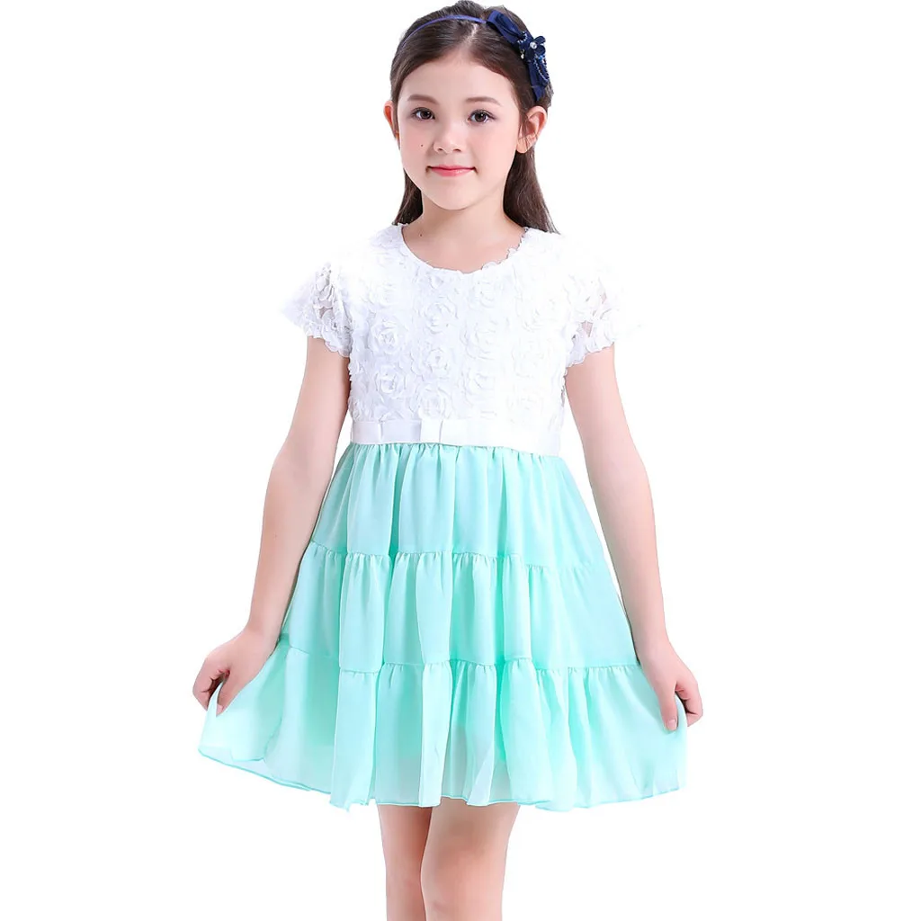 Fashsiualy Children Summer Princess Dresses Clothes For Kid Baby Girls Lace Solid Stitching Short Sleeve A-Line Dress | Детская одежда