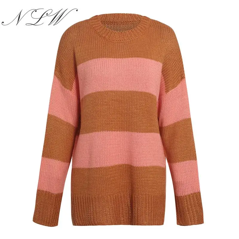 NLW Stripe Oversized Women Sweater Autumn Winter Plus Size Jumper Casual Loose Long Sleeve Pullover Streetwear | Женская одежда