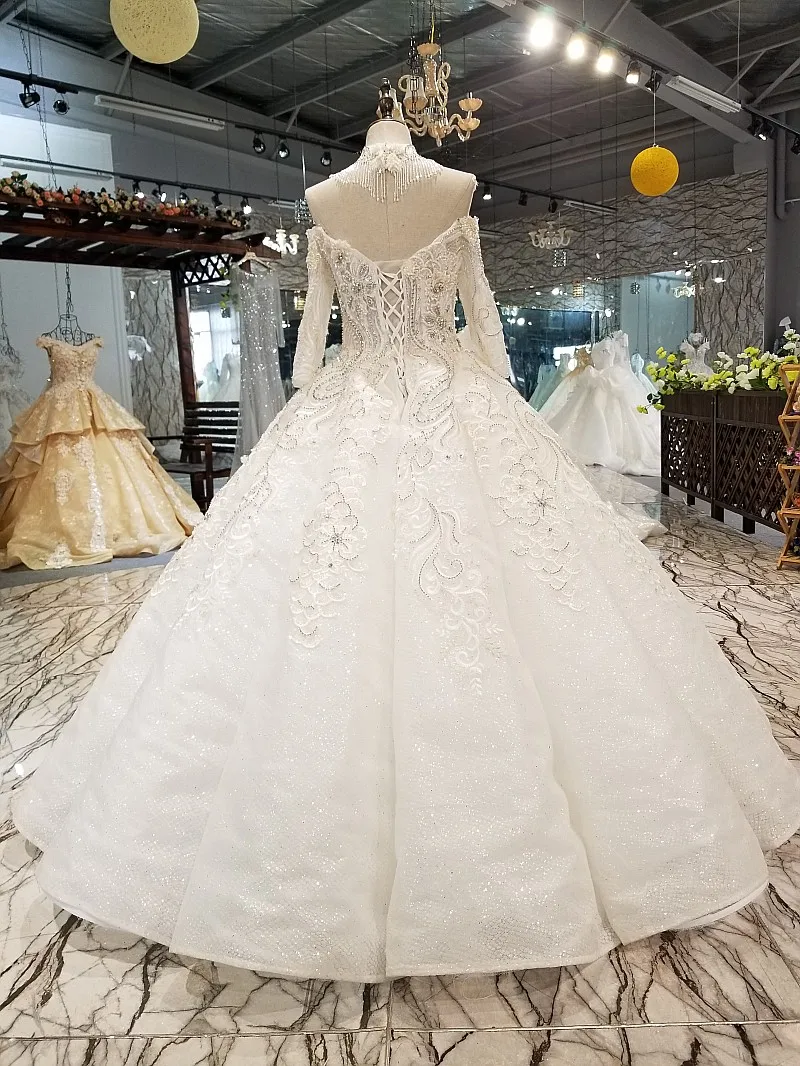 LS64448 юбка свадебного платья с открытыми плечами и длинным рукавом в форме изгиба