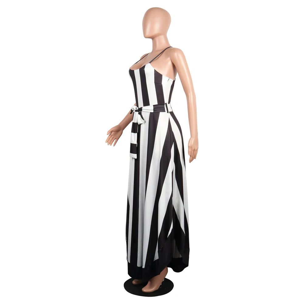 

Women Sexy Vertical Striped Spaghetti Straps O-Neck Sleeveless Backless Maxi Dress With Belt Boho Style Summer Beach Long Dress