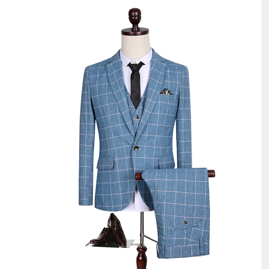 Мужской костюм в синюю клетку (пиджак + брюки жилет) официальный пиджак модный