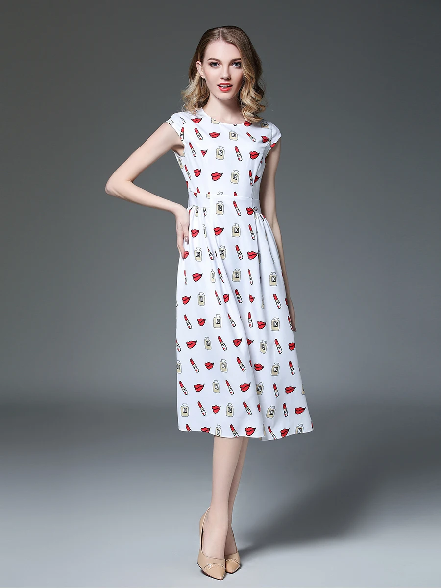 R & H милые губы и помады печати Причинно до середины икры платье леди o образным