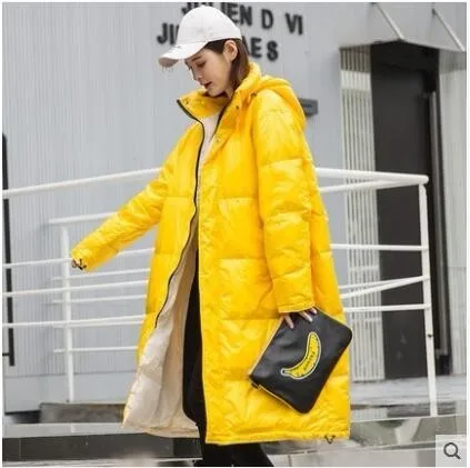 Yellow KULAZOPPER, женские куртки-пуховики на белом утином пуху, зимняя длинная свободная куртка, светильник, женская верхняя одежда, пальто с капюшоном, ZL022 - Цвет: Yellow
