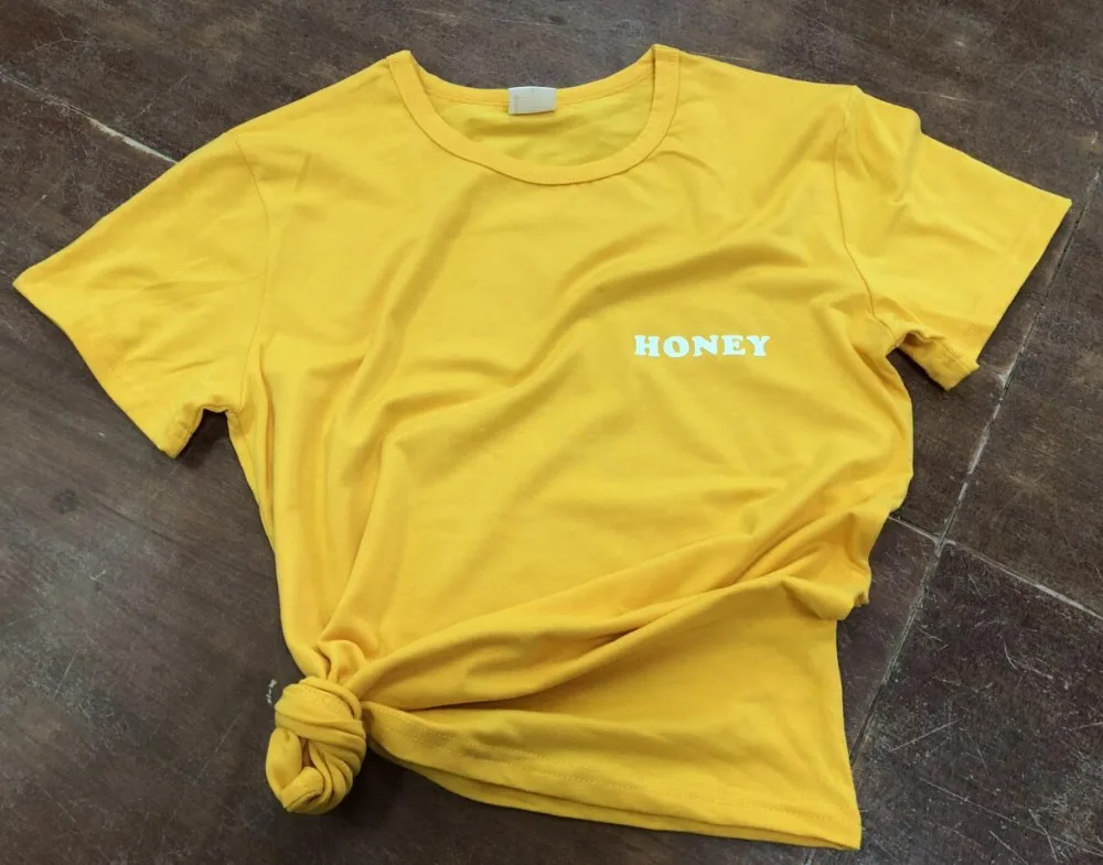 Одежда желтого цвета; Повседневная футболка с надписью «honey» в стиле Харадзюку; хлопковая летняя футболка с круглым вырезом для девочек