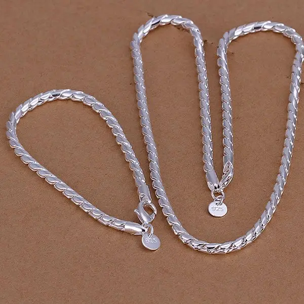 Серебряная цепочка с витой веревкой ожерелье + браслет модные комплекты