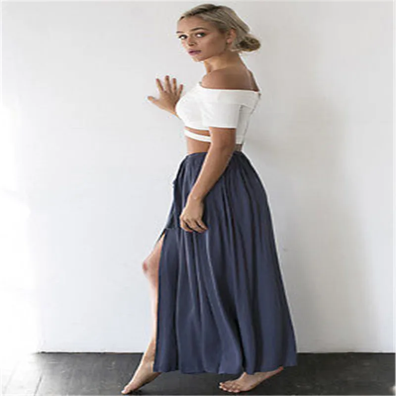 Sexy Fashion Women's Summer Boho Casual Long Maxi Party Beach Skirt Lace Up Pleated High Waist 2 Colors Solid Vent | Женская одежда