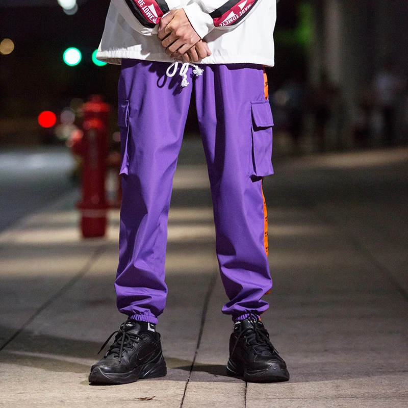Men Letter printed Multi-pocket Casual Cargo Pants Windbreaker fabric Elastic Waist Streetwear Ankle-length Joggers Sweatpants |