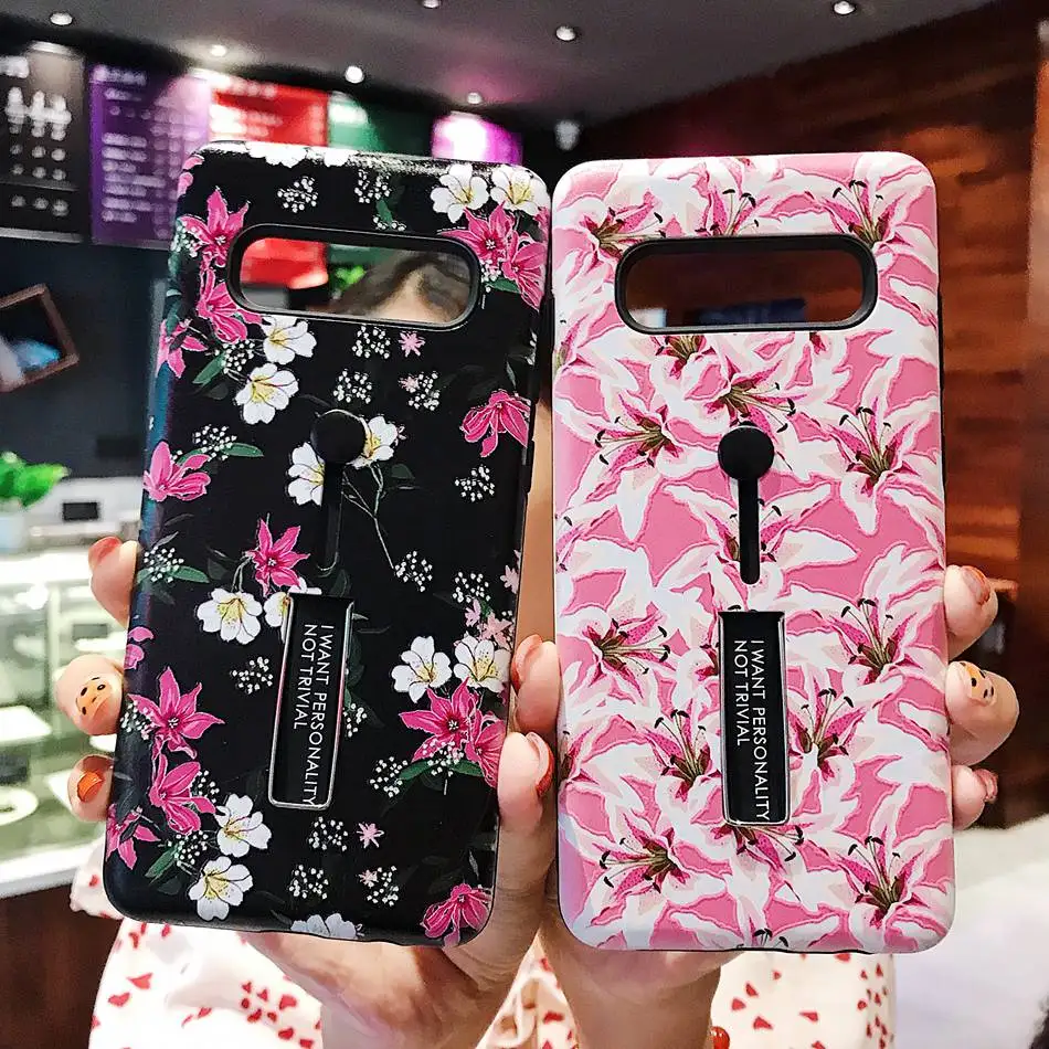 For Galaxy S10 Plus S10E Case Fashion Vintage Flower Silicon Stretch Ring Samsung With Hide Stand Holder Phone | Мобильные телефоны