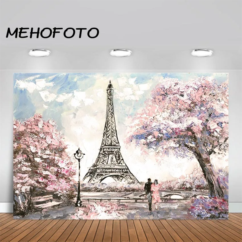 

Фон для фотосъемки с изображением Эйфелевой башни тема свадьбы вечевечерние розовые цветы деревья серый Париж реквизит для фотостудии
