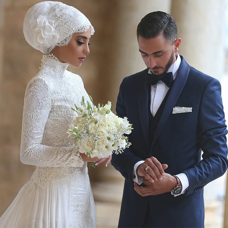 С высокой горловиной одежда с длинным рукавом кружевное простое Vestito Da Sposa