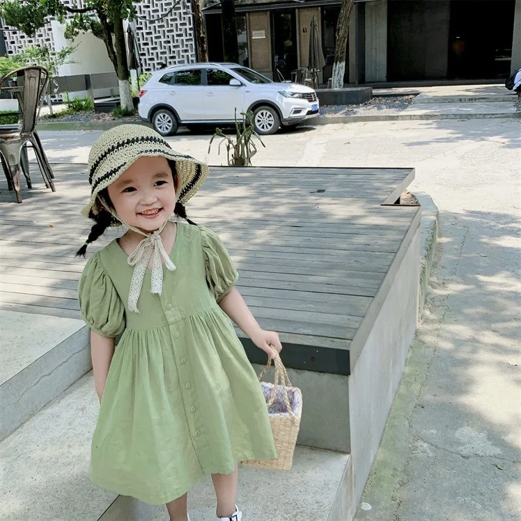 2019 Korean style cute girls solid color loose dress cotton single-breasted casual dresses 2-6Y | Детская одежда и обувь