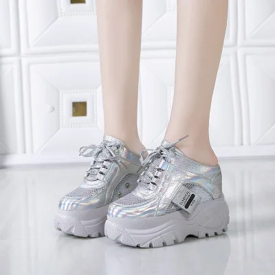 Silvery Женские кожаные кроссовки; полуботинки; коллекция года; сезон лето; дышащие сетчатые туфли на высоком каблуке; женские кроссовки на танкетке; обувь на платформе; летние кроссовки - Цвет: Silvery
