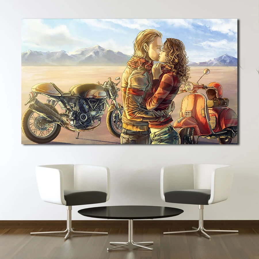 

JQHYART Couple Kissing Wall Art Prints motorcycle Canvas Painting Decoration For Living Room Printed Poster No Frame