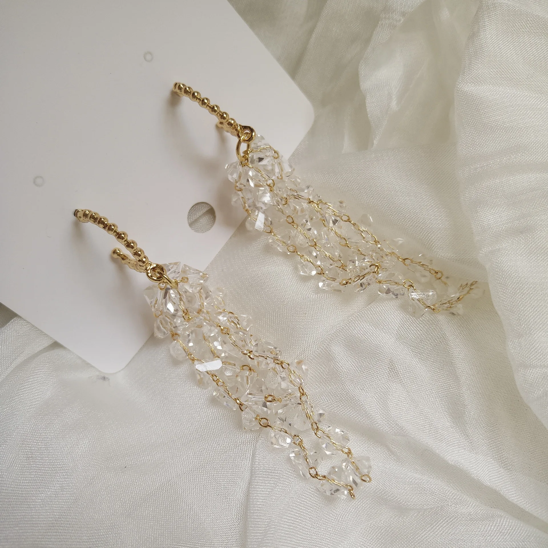 AOMU Personality Fashion Metal Circle Semicircular Irregular Crystal Tassel Loop Hoop Earrings for Women Gifts Wedding Jewelry