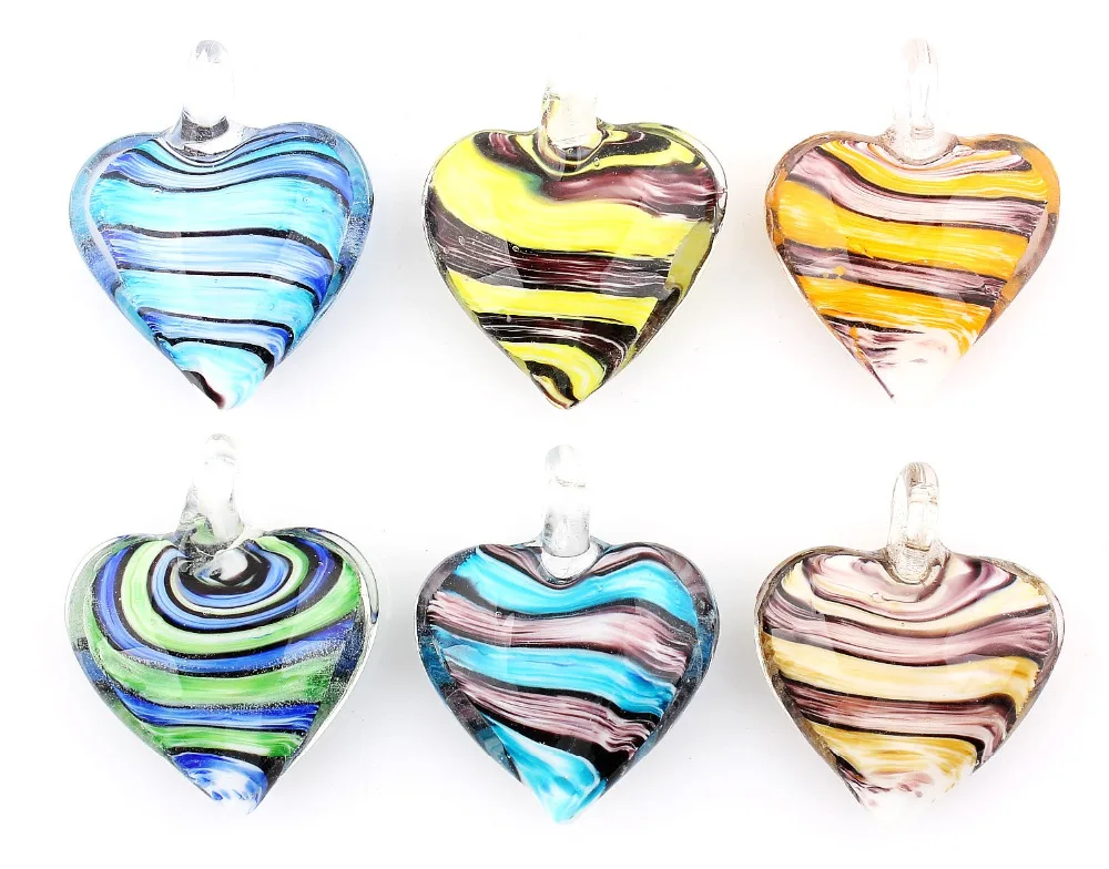 Wholesale 6pcs handmade Murano Lampwork Glass Mix Color Stripe Heart Pendant Fit Necklace Hot Jewelry gift p0046 | Украшения и