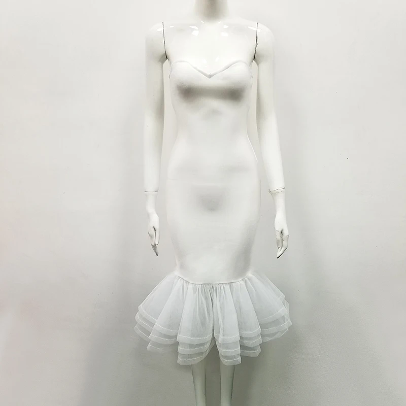 

Women Ruffles white orange Strapless Knee-Length Bandage Dress Vestidos 2019 New Celebrity Evening Party Dresses