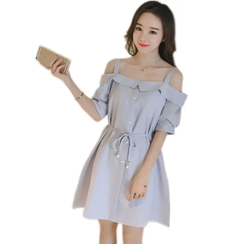 

2019 Korean Style Ruffles Sweet Summer Backless Women Casual Beach Solid Shoulder Dress Party Color Cold Button Dresses