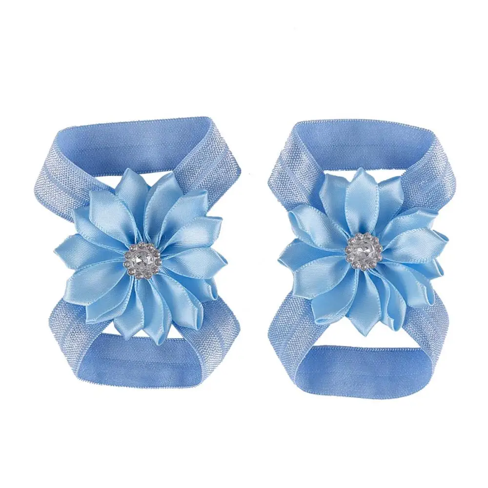 Light blue Детские Босиком сандалии с лентой цветок новорожденных сандалии Крещение обувь для маленьких девочек реквизит для фотографий на день рождения обувь новорожденных до 12 м - Цвет: Light blue