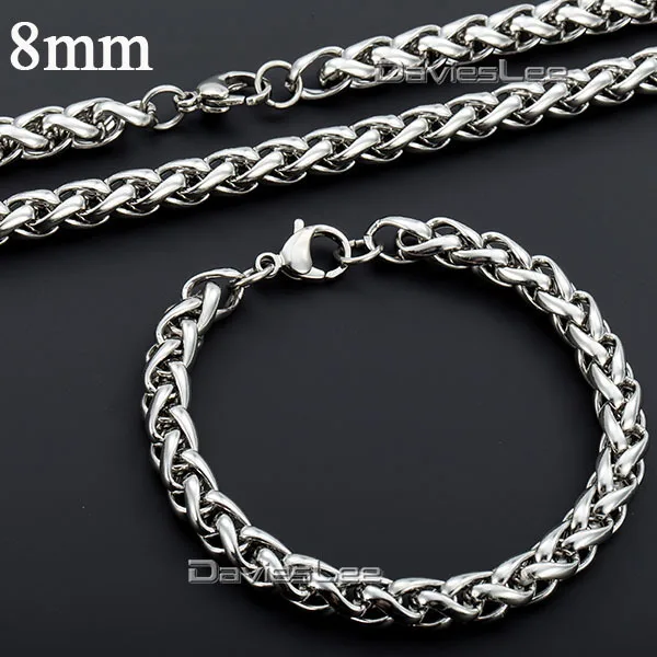 Davieslee 3/4/5/6/8MM Mens Chain Boys Wheat Silver Color Stainless Steel Bracelet Jewelry Set Fashion Gift DLKS98/KS99/KS100 | Украшения и