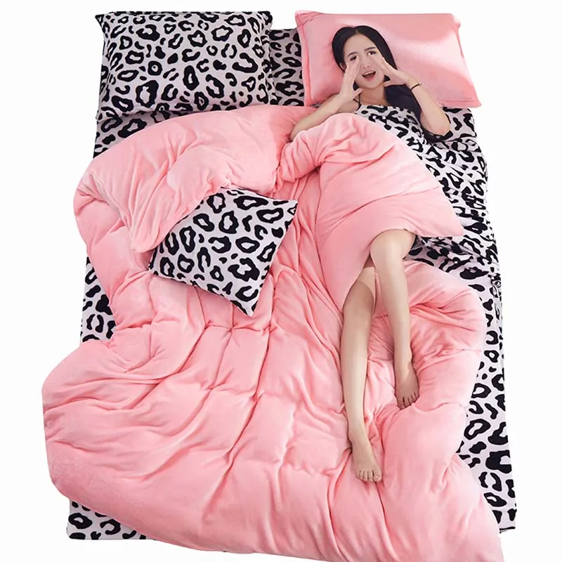 Leopard Light Pink Леопардовые полосатые зимние Утепленные фланелевые теплые постельные принадлежности набор плюшевых пододеяльников 4 шт/3 шт простыни чехлы на подушки, одеяло розовый - Цвет: Leopard Light Pink