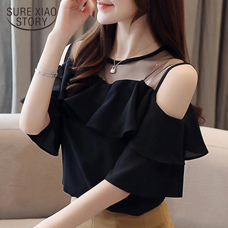 womens tops and blouses Summer women 2021 white blouse short sleeve chiffon shirt off shoulder top 4206 50 | Женская одежда