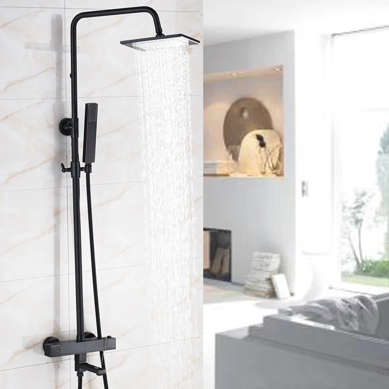 Black Color Dual Handle Thermostatic Bath &amp Shower Faucets 8 Inch Head and ABS Headheld Mixer Taps | Обустройство дома