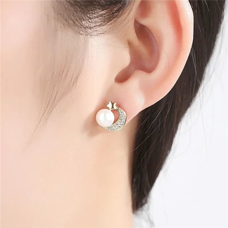 100% 925 Sterling Silver Natural Pearl Earrings for Women Business Star Moon Wedding | Украшения и аксессуары
