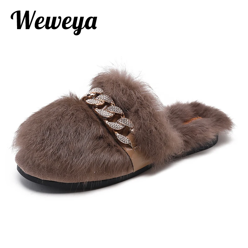 Weweya Plush Fur Home Slippers Women Indoor Shoes Crystal Flip Flops Woman Slides Mule Rhinstone Retro | Обувь