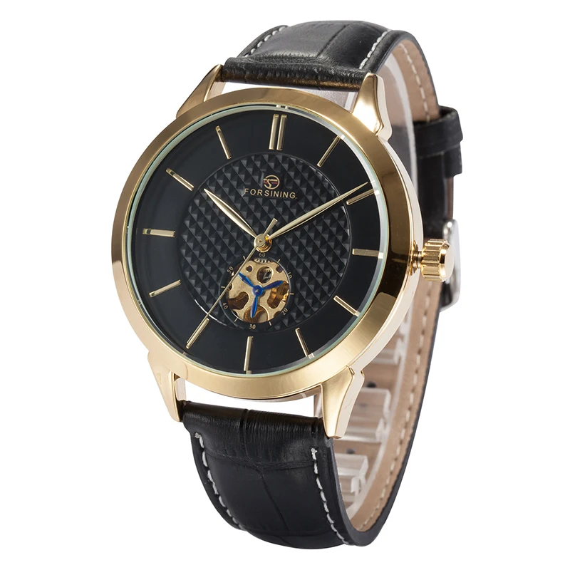 FORSINING Brand Mens Watches Luxury Gold Case Leather Belt Black Dial Auto Mechanical Male Relogio Wristwatches Erkek Kol Saati | Наручные