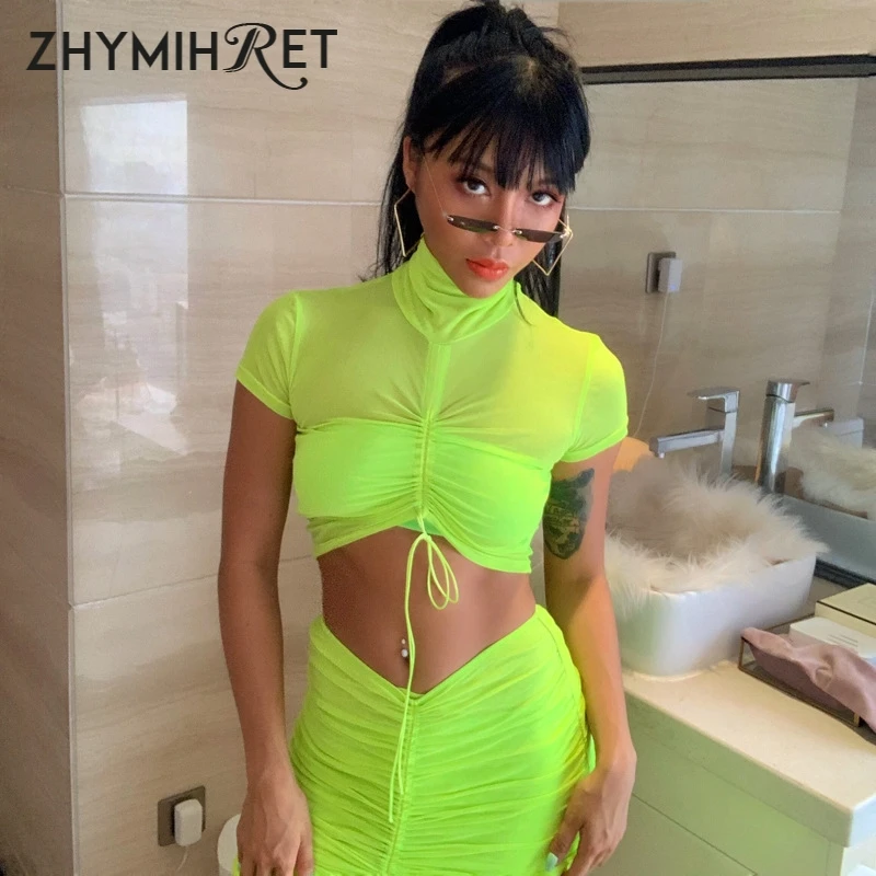 Женское платье с высоким воротом ZHYMIHRET неоново зеленое Сетчатое прозрачное