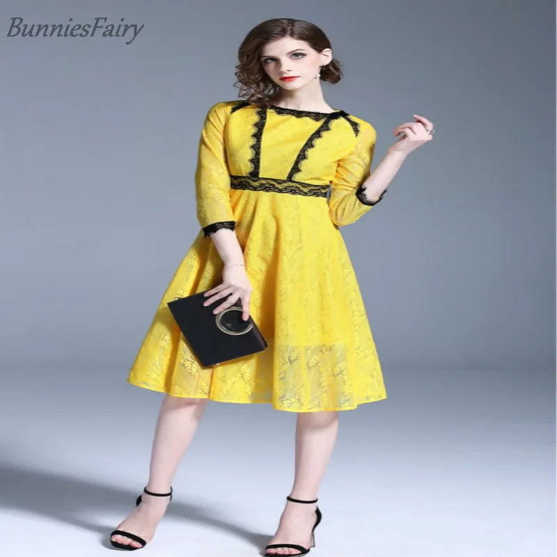 BunniesFairy 2018 новые летние Для женщин Элегантный Желтый Кружева Платье черное с