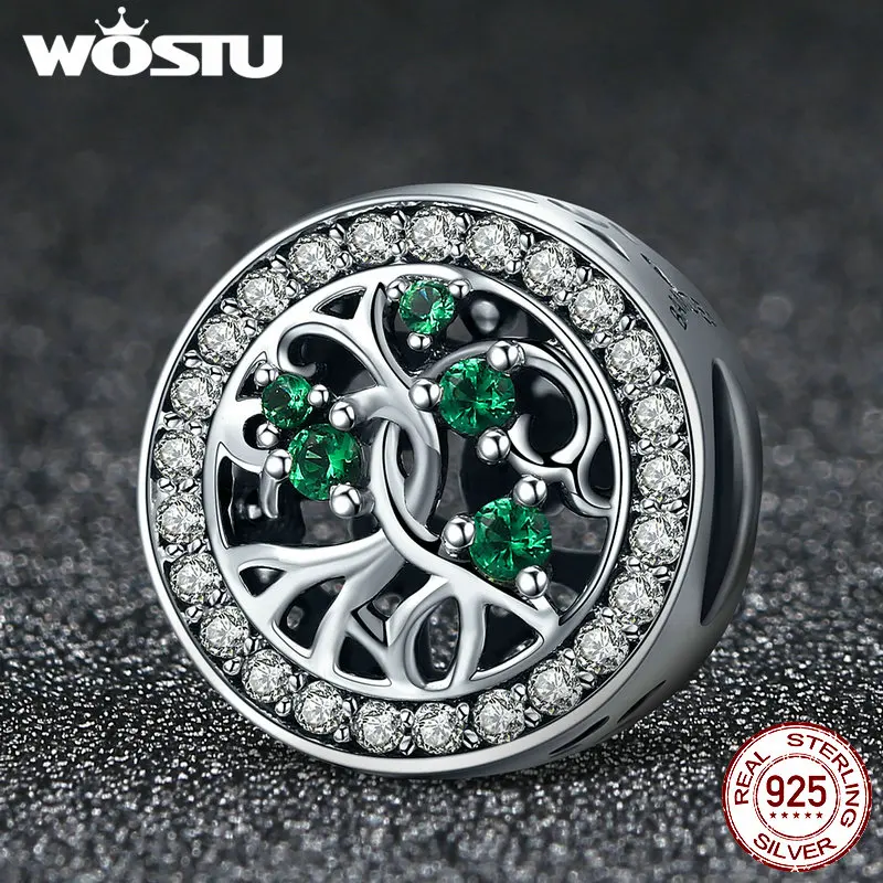 WOSTU, новинка, настоящее 925 пробы, серебряное дерево жизни, зеленые CZ бусины, подходят к оригинальному WST, браслет, ювелирное изделие, подарок CQC179
